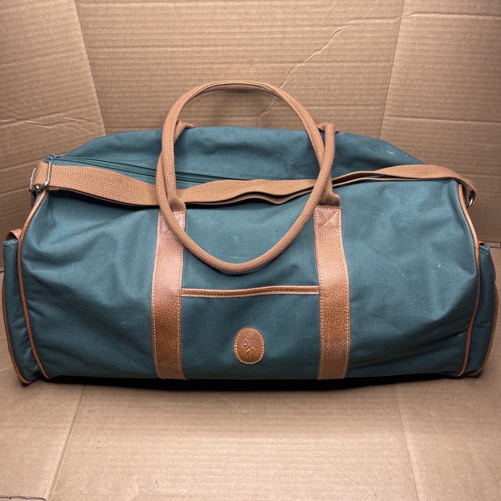VTG Polo Ralph Lauren Green Canvas Duffel Bag 24" Leather Trim Travel Y2K 90s